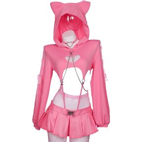 Mobbunny Valentine's Day Cute Bodysuit Lingerie for Women Pink Heart Cutout Hoodie and Skirt with Thong Pantyhose