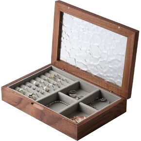 Wooden Jewelry Box for Women, Medium Size Natural Solid Cherry Wood Girls Vintage Trinket Organizer with Large Storage, Ring Compartments, Built in Necklace Hooks, Glass Lid, ek06-m-cherry