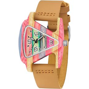 Triangle Wooden Watch Women's Quartz Watch Leather Wrist Band, Wooden Quartz Watches Leather Band Gift for Women