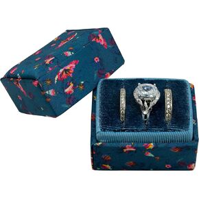 Beatrix & Luca printed fabric velvet ring box for wedding ceremony, proposal, engagement, bridal (navy floral single ring)