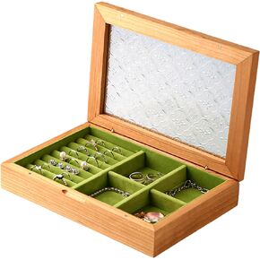 Wooden Jewelry Box for Women, Medium Size Natural Solid Cherry Wood Girls Vintage Trinket Organizer with Large Storage, Ring Compartments, Built in Necklace Hooks, Glass Lid, ek06-m-cherry