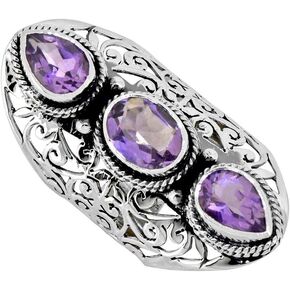 YoTreasure .925 Sterling Silver Amethyst Crystals Filigree Three Stone Ring