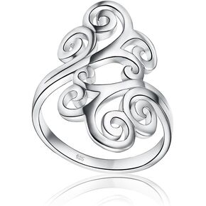 Hoops & Loops 925 Sterling Silver High Polished Open Filigree Swirl Fashion Vintage Style Unique Ring for Women and Teen Girls, Silver, Yellow & Rose Gold