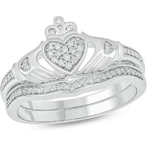 925 Sterling Silver Claddagh Wedding Ring Set for Women, 1/5ct White Diamond Accented Love, Friendship and Loyalty Ring with Matching Diamond Wedding Band for Women in 925 Sterling Silver