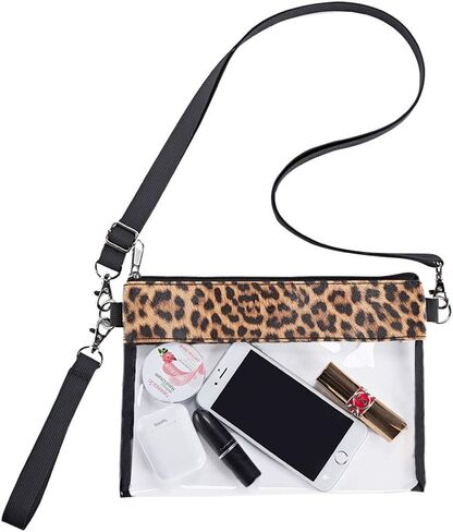 شنطة كروس شفافة من الجلد الصناعي بطبعة جلد الفهد، شنطة حمل شفافة معتمدة من الاستاد للحفلات والمناسبات الرياضية، اسود، مقاس واحد in Kuwait