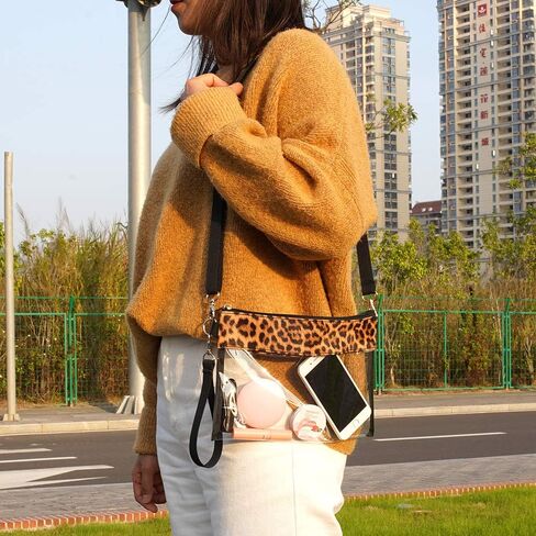 شنطة كروس شفافة من الجلد الصناعي بطبعة جلد الفهد، شنطة حمل شفافة معتمدة من الاستاد للحفلات والمناسبات الرياضية، اسود، مقاس واحد in Kuwait