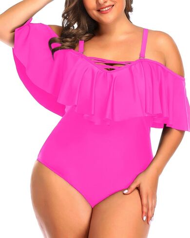 Daci Plus Size One Piece Swimsuits for Women Off Shoulder Ruffle Bathing Suits Flounce Tummy Control Swimwear in Saudi Arabia