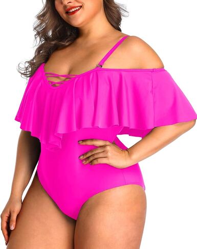 Daci Plus Size One Piece Swimsuits for Women Off Shoulder Ruffle Bathing Suits Flounce Tummy Control Swimwear in Saudi Arabia