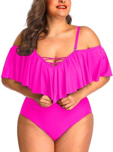 Daci Plus Size One Piece Swimsuits for Women Off Shoulder Ruffle Bathing Suits Flounce Tummy Control Swimwear in Saudi Arabia