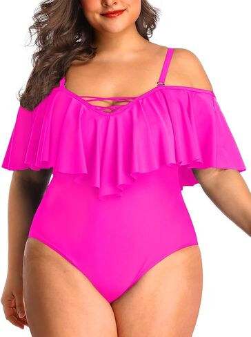 Daci Plus Size One Piece Swimsuits for Women Off Shoulder Ruffle Bathing Suits Flounce Tummy Control Swimwear in Saudi Arabia