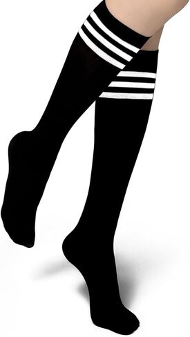 Lusofie 1 Pair Black Knee High Socks for Women Athletic Tube Socks Casual Knee High Stockings with White Striped for Outdoor Sport Skirt in Kuwait