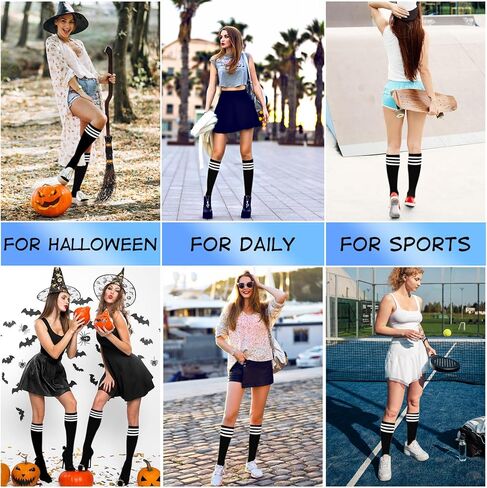 Lusofie 1 Pair Black Knee High Socks for Women Athletic Tube Socks Casual Knee High Stockings with White Striped for Outdoor Sport Skirt in Kuwait