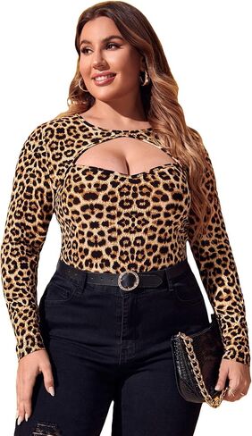WDIRARA Women's Plus Size Leopard Print Cut Out Long Sleeve Slim Fit Shirt Sexy Tee Top in Saudi Arabia