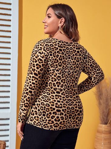 WDIRARA Women's Plus Size Leopard Print Cut Out Long Sleeve Slim Fit Shirt Sexy Tee Top in Saudi Arabia