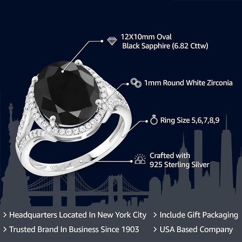 Gem Stone King 925 Sterling Silver Black Sapphire Ring For Women (6.82 Cttw, Oval 12X10MM, Gemstone Birthstone, Available 5,6,7,8,9) in Saudi Arabia
