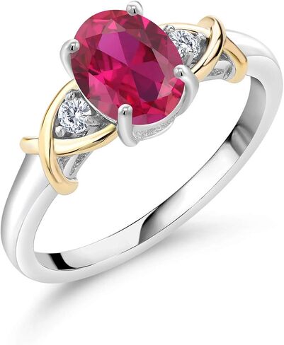 Gem Stone King 10K Yellow Gold and 925 Sterling Silver Red Created Ruby and White Lab Grown Diamond Ring For Women (1.43 Cttw, Oval 8X6MM, Available in Size 5,6,7,8,9) in Saudi Arabia
