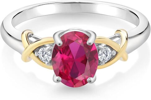 Gem Stone King 10K Yellow Gold and 925 Sterling Silver Red Created Ruby and White Lab Grown Diamond Ring For Women (1.43 Cttw, Oval 8X6MM, Available in Size 5,6,7,8,9) in Saudi Arabia
