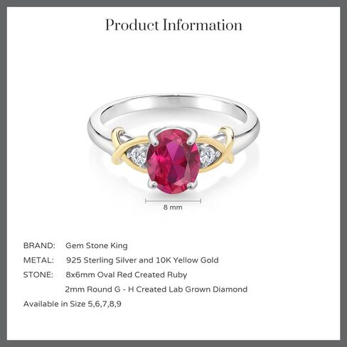 Gem Stone King 10K Yellow Gold and 925 Sterling Silver Red Created Ruby and White Lab Grown Diamond Ring For Women (1.43 Cttw, Oval 8X6MM, Available in Size 5,6,7,8,9) in Saudi Arabia