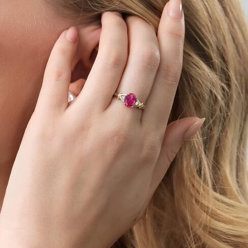 Gem Stone King 10K Yellow Gold and 925 Sterling Silver Red Created Ruby and White Lab Grown Diamond Ring For Women (1.43 Cttw, Oval 8X6MM, Available in Size 5,6,7,8,9) in Saudi Arabia