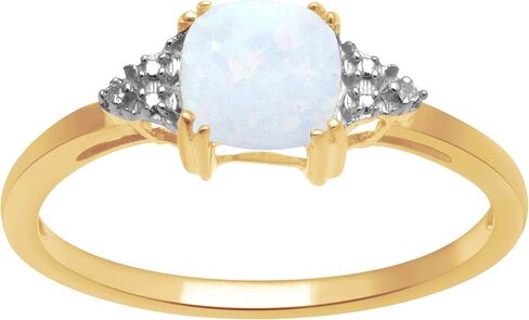 Jewelili October Birthstone Ring in 10K Yellow Gold with Cushion Cut Created Opal and Natural White Round Diamond Accent, Size 8 in Saudi Arabia