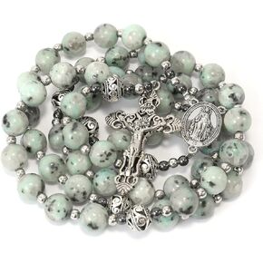Nazareth Store Catholic Rosary Stone Beads Necklace Miraculous Medal with Silver Crucifix for Men, Women Communion Gift