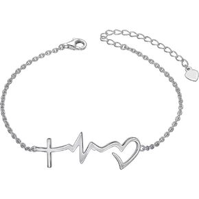 S925 Sterling Silver Faith Hope Love Cross Lifeline Heart Pendant Necklace Bracelet Christian Jewelry Gifts for Women Girls Birthday Gift Easter Gift