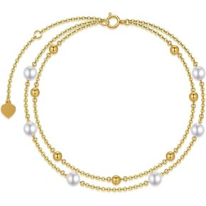 SISGEM 14K Gold Pearl Bracelet for Women, Solid Layered Beaded Link Bracelet Station Tin Cup Pearl Bracelet Birthday Anniversary Jewelry Gift for Mom, Wife,6.5"+ 2"