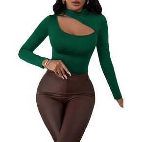 OYOANGLE Women's Cut Out Asymmetrical Mock Neck Long Sleeve Party Going Out Tee Shirt Tops