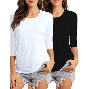 Women's Basic Crewneck 3/4 Sleeve T-Shirt Casual Plain Fitted Cotton Tops