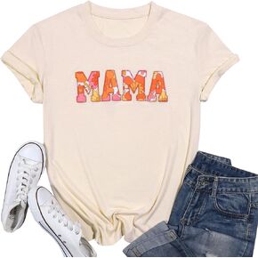 Mama Shirts for Women Funny Embroidered Retro Mama Letter Tee Mom Gift Short Sleeve Shirt Mothers Day Top