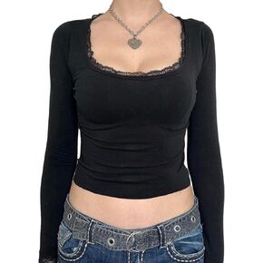 Women Y2k Lace Trim Crop Tops Long Sleeve Crew Neck Vintage Tee Tops Slim Fit Fairy Grunge Aesthetic T-Shirts