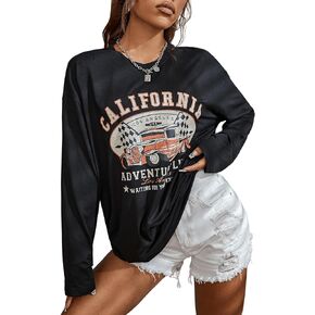 SweatyRocks Women's Letter & Car Graphic T-Shirts Drop Shoulder Long Sleeve Crewneck Pullover Oversized Tee Tops