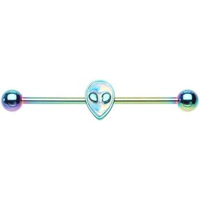 Pierced Owl Rainbow Holographic Extraterrestrial Alien Head Industrial Barbell