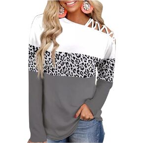 Christmas Cold Shoulder Tops T Shirts for Women Long Sleeve Buffalo Plaid Leopard Criss Cross Off Shoulder Tunic Blouse