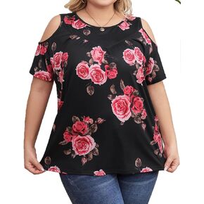 Yiwixi Womens Summer Casual T Shirts Cold Shoulder Short Sleeve Crewneck Loose Fit Plus Size Tops Pleated Flowy
