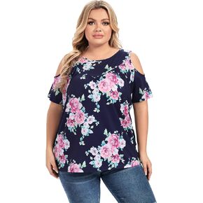 Yiwixi Womens Summer Casual T Shirts Cold Shoulder Short Sleeve Crewneck Loose Fit Plus Size Tops Pleated Flowy