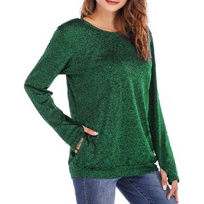 Womens Long Sleeve Round Neck Blouse with Pocket Quick-Dry Gym T Shirt for Legging Pullover Thumb Holes Tunic Tops