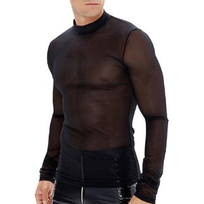 OYOANGLE Men's Sheer Long Sleeve Mock Neck See Through Slim Fit Tee Shirt Tops Clubwear