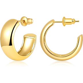 Gamicy Small Gold Hoop Earrings for Women 14k Real Gold Plated, 8mm Width Chunky Gold Earrings Hoops With 925 Sterling Sliver Post, Thick Gold Hoops 20mm