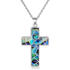 TUNGSTORY Sterling Silver Cross Necklace - American Flag/Tree of Life/Celtic Knot/Claddagh/Geometric/Faith Pendant Necklaces for Women Abalone Shell Religious Necklaces Valentines Gifts