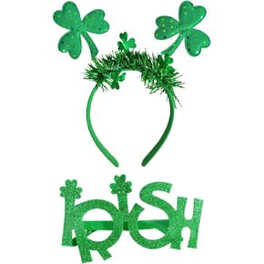 Egowry 3Pcs St Patricks Headband Green Shamrock Bead Necklace Eyeglasses set for St Patrick's Parade Party Supplies