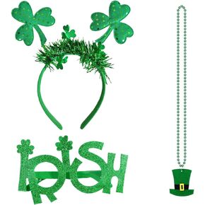 Egowry 3Pcs St Patricks Headband Green Shamrock Bead Necklace Eyeglasses set for St Patrick's Parade Party Supplies