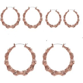 3Pairs Punk Bamboo Big Hoop Earrings for Girl Women Exaggerated Rock 14K Gold Silver Plated Polished Round Circle Geometric Loop Earrings Hip Hop Statement Jewelry Gift-C rose gold