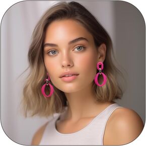 Acrylic Geometric Earrings Hot Pink Earrings Rectangle Oval Hoop Earrings for Girls Square/Oval/Hoop/Round Statement Drop Dangle Earrings Vintage Retro 80s 90s Party Jewelry for Women Girls Gifts