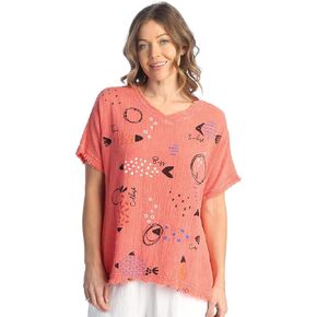 Jess & Jane Women's Bahamas Mineral Washed Cotton Gauze Tunic Top, Watermelon