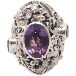 NOVICA Artisan Handmade Amethyst Citrine Cocktail Ring Unique .925 Sterling Silver Purple Yellow Indonesia Orchid Animal Themed Floral Birthstone Butterfly 'Frangipani Butterfly'
