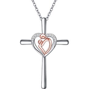 DAOCHONG Mother's Day Gift Mother Holding Child Sterling Silver Mothers Love Heart CZ Pendant Necklace for Women Mother Grandmother