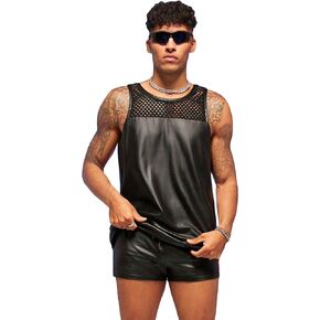 WDIRARA Men's 2 Piece Outfit Mesh Sheer Pu Leather Tank Top and Track Shorts Set