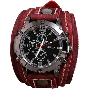 Men's Leather Watch, Vintage Hand Stitched Leather Watch, Exaggerated Men's Leather Bracelet Wide Strap, Vintage Punk Hip Hop Men's Wrist Watch