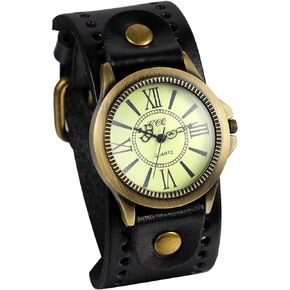 Avaner Unisex Punk Retro Bronze Round Dial Brown Wide Leather Belt Strap Cuff Bracelet Roman Numerals Analog Quartz Wrist Watches